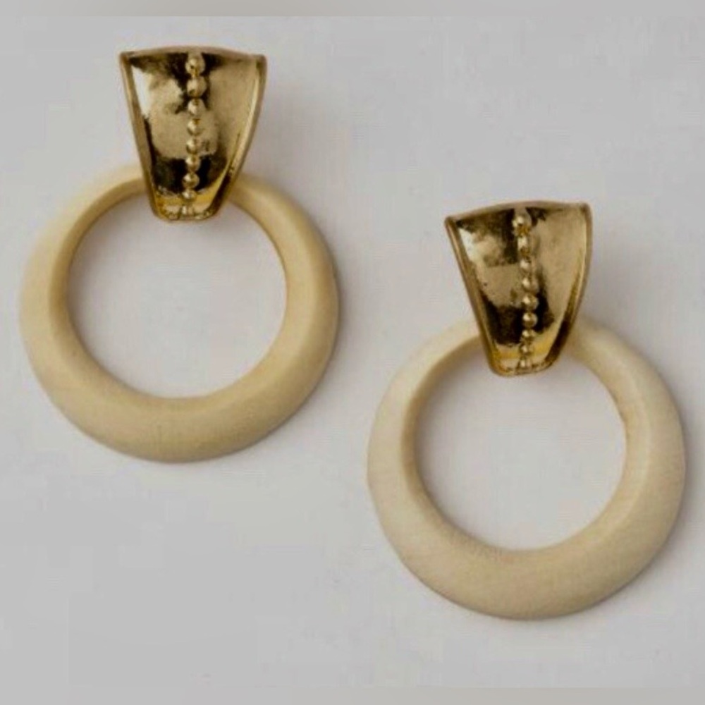 Plunder Gold and Abilene Creamy White Wood Circles Hoop DropDangle Earrings